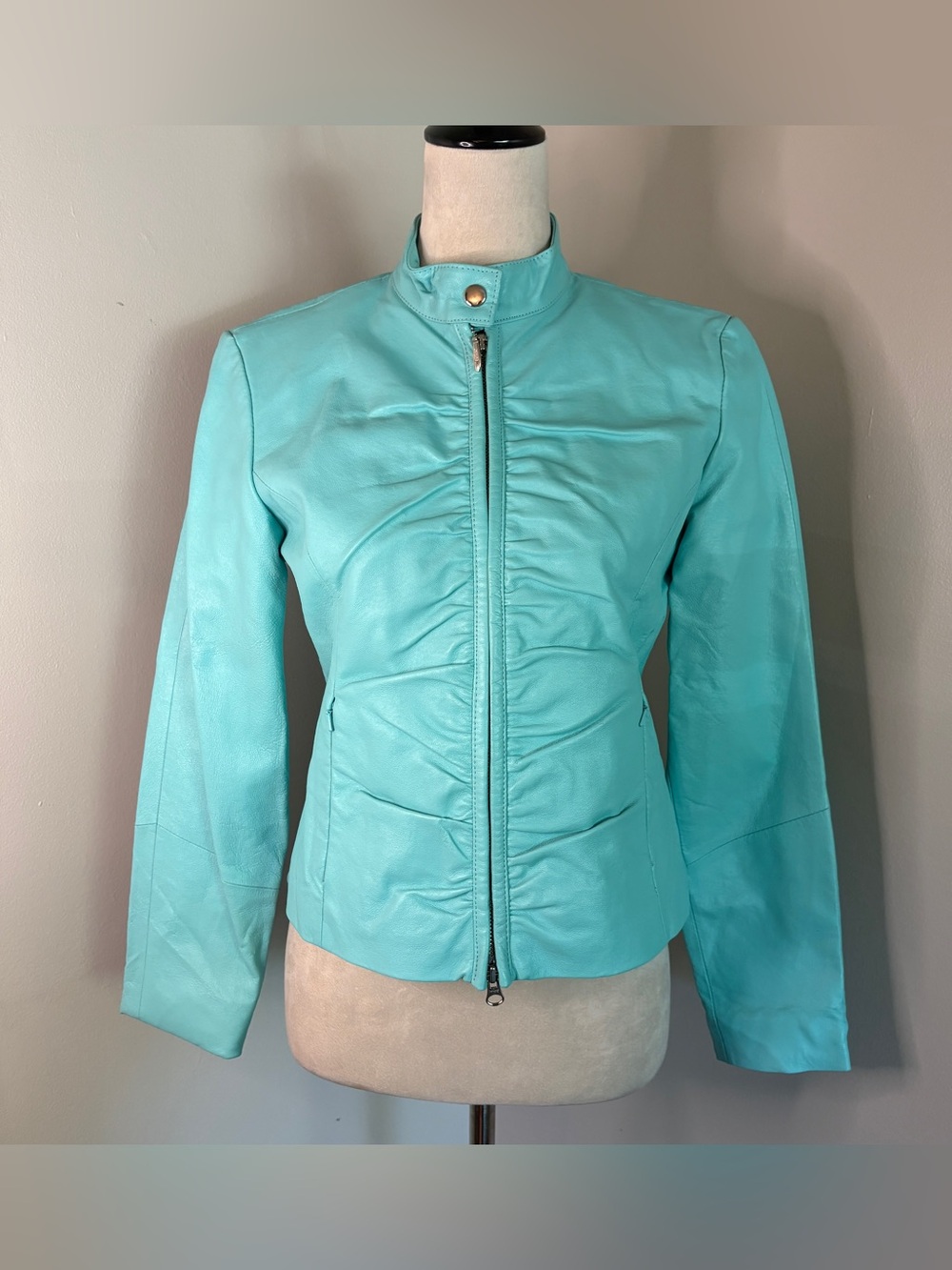 Wilsons Leather Turquoise Ruched Zip-Front Jacket